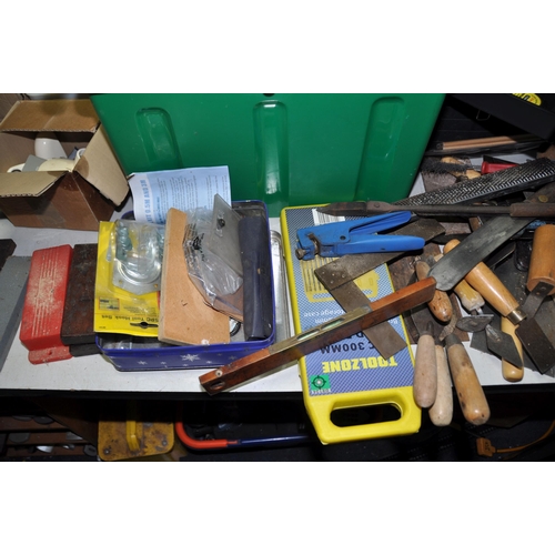 1051 - TWO BOX AND A TOOLBOX CONTAINING TOOLS including trowels, sharpening stones, mallets, hack saws, fre... 