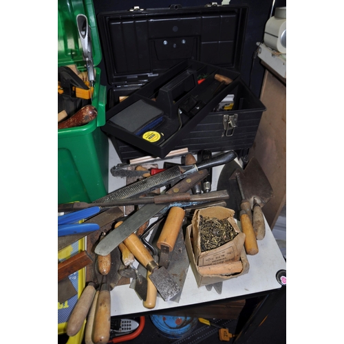 1051 - TWO BOX AND A TOOLBOX CONTAINING TOOLS including trowels, sharpening stones, mallets, hack saws, fre... 