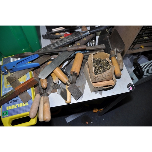 1051 - TWO BOX AND A TOOLBOX CONTAINING TOOLS including trowels, sharpening stones, mallets, hack saws, fre... 