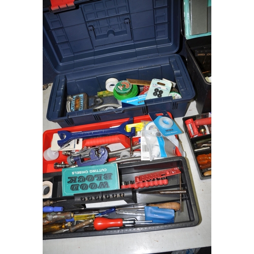 1052 - FOUR PLASTIC TOOLBOXES CONTAINING TOOLS including hammers, drill bits, pliers, screwdrivers, pipe cu... 