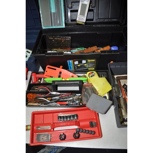 1052 - FOUR PLASTIC TOOLBOXES CONTAINING TOOLS including hammers, drill bits, pliers, screwdrivers, pipe cu... 