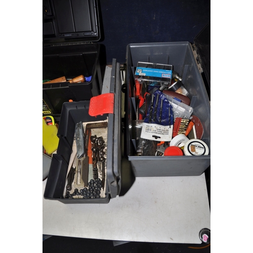 1052 - FOUR PLASTIC TOOLBOXES CONTAINING TOOLS including hammers, drill bits, pliers, screwdrivers, pipe cu... 