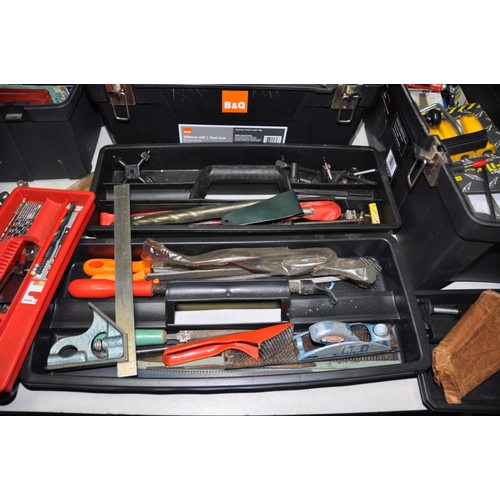 1054 - FIVE PLASTIC TOOLBOXES CONTAINING TOOLS including Rabone and Chesterman engineers square and Tri squ... 