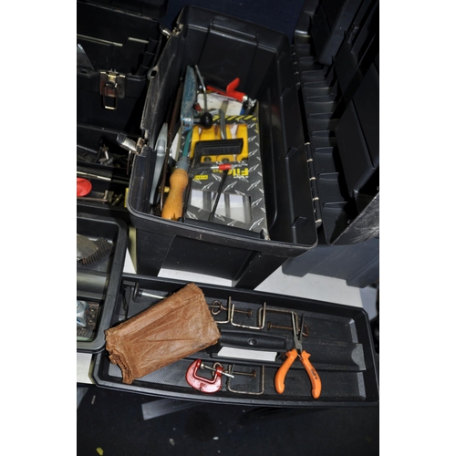 1054 - FIVE PLASTIC TOOLBOXES CONTAINING TOOLS including Rabone and Chesterman engineers square and Tri squ... 