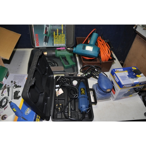 1057 - A BOSCH PHG 520 HEAT GUN and PWS600 ANGLE GRINDER, a Powercraft 1/4 sheet sander and PKW160 Combi to... 