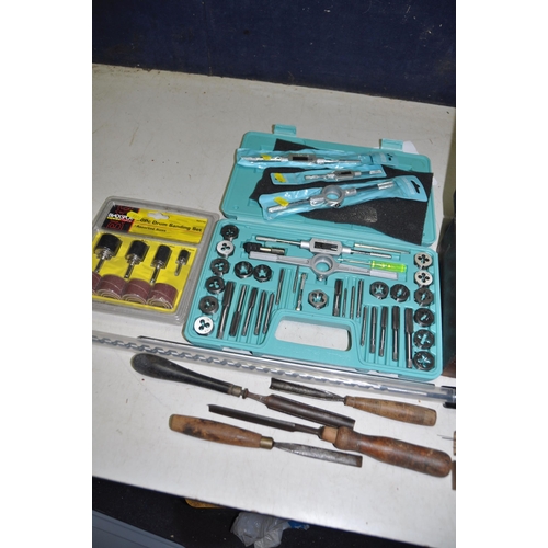 1074 - A COLLECTION OF TOOLS including miniature woodworking chisels, two screw pin drills, a miniature anv... 