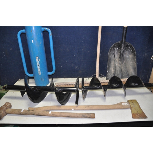 1095 - A POST HAMMER, two post hole augers, a sledge hammer, an axe, a brush, a pair of 24in bolt croppers ... 