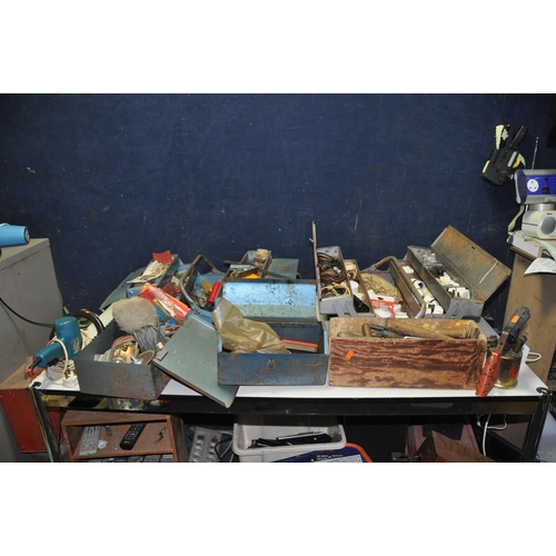 1112 - THREE TOOLBOXES AND A WOODEN TRAY CONTAINING TOOLS including a Rabone and Chesterman square, mole gr... 