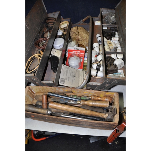 1112 - THREE TOOLBOXES AND A WOODEN TRAY CONTAINING TOOLS including a Rabone and Chesterman square, mole gr... 