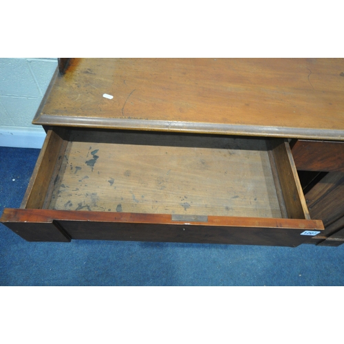 1207 - A VICTORIAN MAHOGANY PEDESTAL SIDEBOARD, with a slight raised back, two drawers, above two cupboard ... 