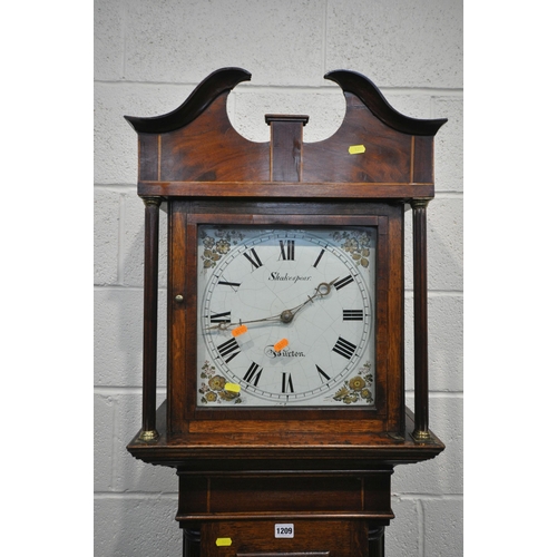 1209 - A GEORGIAN OAK AND MAHOGANY 30 HOUR LONGCASE CLOCK, the hood with a swan neck pediment that's enclos... 