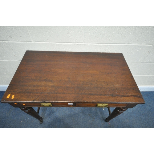 1212 - AN EDWARDIAN MAHOGANY SIDE TABLE, with two frieze drawers, on turned legs, united by an undershelf, ... 