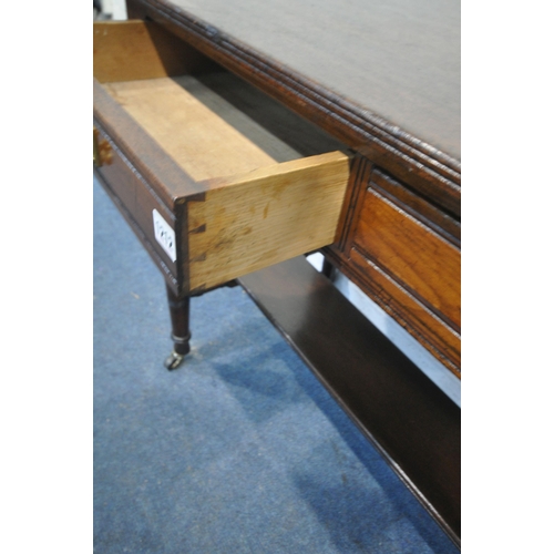 1212 - AN EDWARDIAN MAHOGANY SIDE TABLE, with two frieze drawers, on turned legs, united by an undershelf, ... 