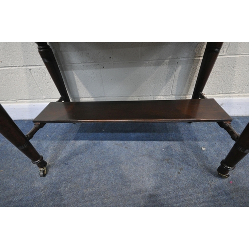 1212 - AN EDWARDIAN MAHOGANY SIDE TABLE, with two frieze drawers, on turned legs, united by an undershelf, ... 