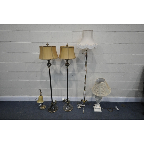 1214 - A PAIR OF ALEXANDER FLOOR STANDING LAMPS, height 154cm, another standard lamp, a heavy figural table... 