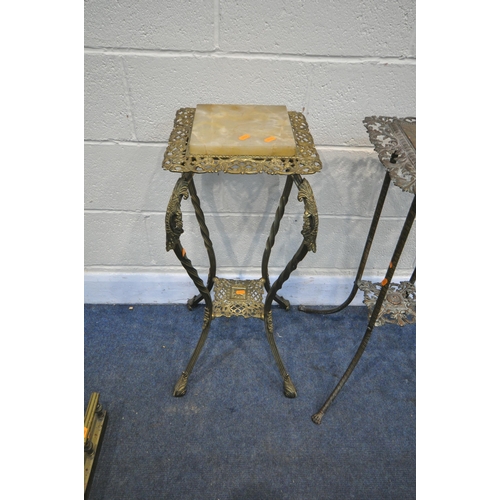 1215 - A MID 20TH CENTURY BRASS PLANT STAND, with a cream onyx top, pierced and floral detailing, 32cm squa... 