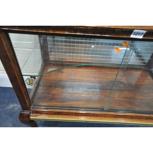 1217 - AN EARLY TO MID 20TH CENTURY STAINED WOOD DISPLAY CABINET, with two sized shelves, two sliding glass... 