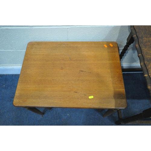 1223 - A 20TH CENTURY OAK OCCASIONAL TABLE, 60cm squared x height 73cm, and a nest of three tables (conditi... 