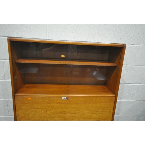 1224 - A MID CENTURY REMPLOY TEAK BUREAU BOOKCASE, with two glass sliding doors, a fall front door, enclosi... 