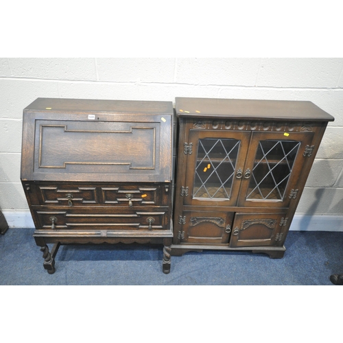 1225 - AN OAK BUREAU, on barley twist legs, width 74cm x depth 40cm x height 99cm, and a lead glazed bookca... 