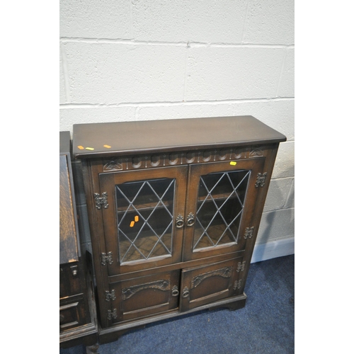 1225 - AN OAK BUREAU, on barley twist legs, width 74cm x depth 40cm x height 99cm, and a lead glazed bookca... 