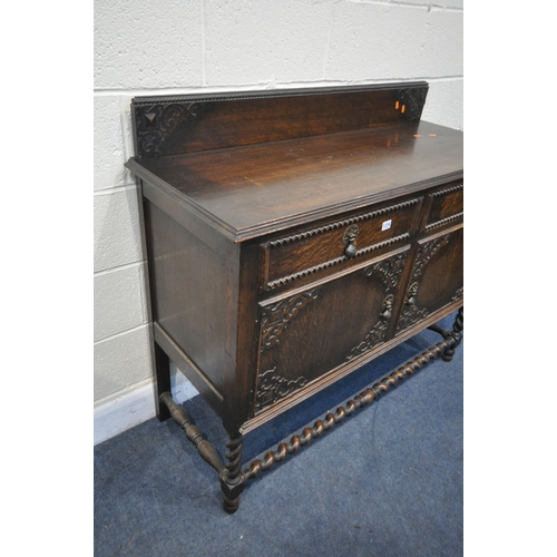 1226 - AN EARLY 20TH CENTURY OAK BARLEY TWIST SIDEBOARD, with a raised back, two drawers, and double cupboa... 