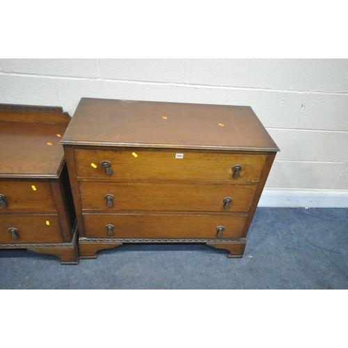 1227 - A 20TH CENTURY OAK CHEST OF THREE LONG DRAWERS, width 92cm x depth 45cm 76cm, a low chest of three d... 