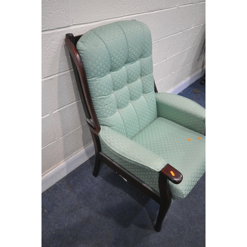 1233 - A GREEN UPHOLSTERED ARMCHAIR, with a mahogany frame, width 76cm x depth 82cm x height 106cm (conditi... 