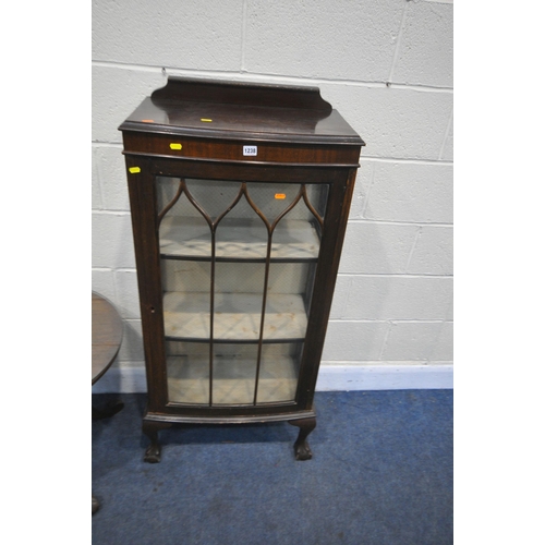 1238 - AN EARLY 20TH CENTURY MAHOGANY SINGLE DOOR DISPLAY CABINET, on ball and claw feet width 59cm x depth... 