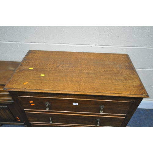 1239 - A 20TH CENTURY OAK CHEST OF THREE LONG DRAWERS, length 91cm x depth 49cm x height 78cm, along with a... 