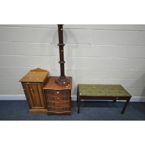 1245 - A MAHOGANY SERPENTINE CHEST OF FOUR DRAWERS, width 48cm x depth 43cm x height 67cm, a single door cu... 