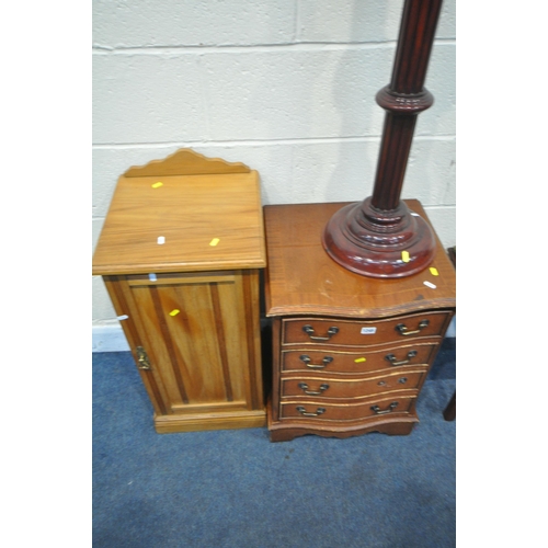 1245 - A MAHOGANY SERPENTINE CHEST OF FOUR DRAWERS, width 48cm x depth 43cm x height 67cm, a single door cu... 