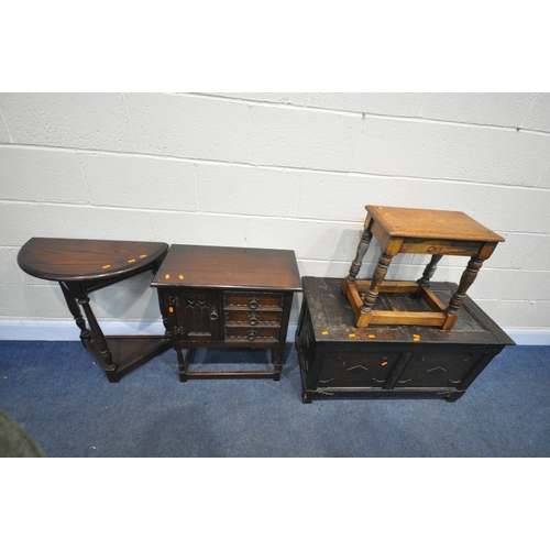 1256 - A SELECTION OF OAK OCCASIONAL FURNITURE, to include a panelled blanket box, with hinged lid, width 9... 