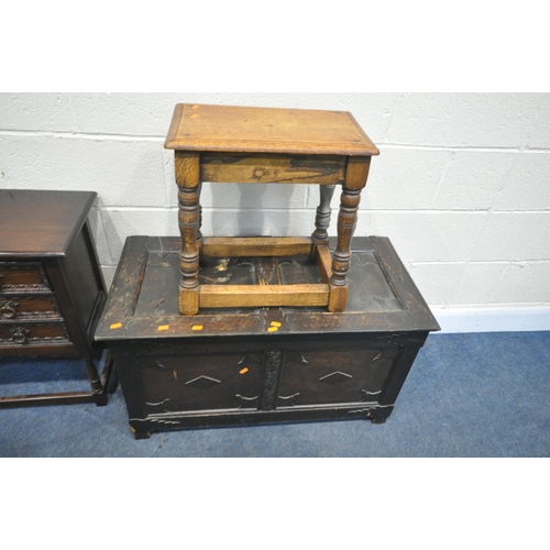 1256 - A SELECTION OF OAK OCCASIONAL FURNITURE, to include a panelled blanket box, with hinged lid, width 9... 