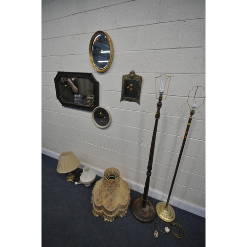 1260 - A SELECTION OF MIRRORS AND LAMPS, to include an oak rectangular bevelled edge wall mirror, with cant... 