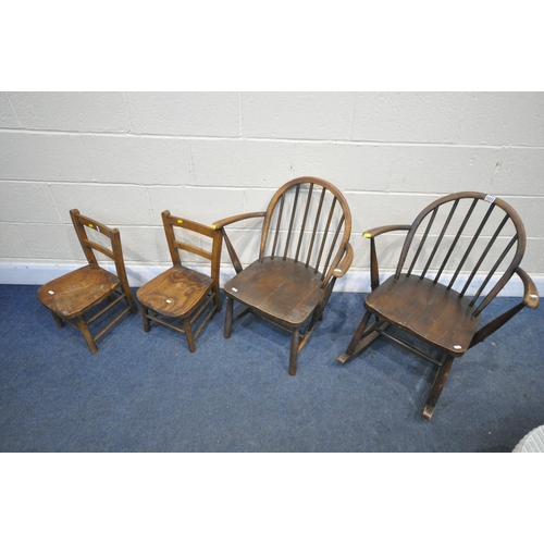 1271 - A PAIR OF DARK ERCOL 290 ROCKING ARMCHAIRS, and a pair of child's elm seated chairs (condition - one... 