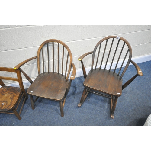 1271 - A PAIR OF DARK ERCOL 290 ROCKING ARMCHAIRS, and a pair of child's elm seated chairs (condition - one... 