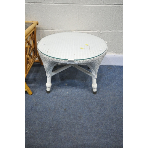 1273 - A WHITE PAINTED LLOYD LOOM CIRCULAR OCCASIONAL TABLE, diameter 57cm x height 38cm, and a wicker coff... 