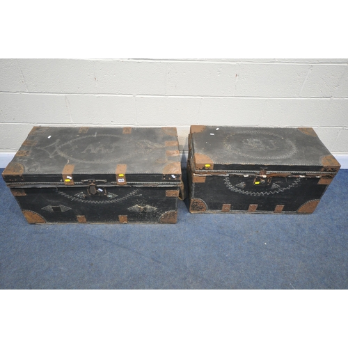 1276 - TWO VINTAGE TRAVELLING TRUNKS, the top with studded detailing and letters, one saying AAJ, the other... 