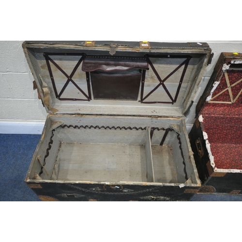 1276 - TWO VINTAGE TRAVELLING TRUNKS, the top with studded detailing and letters, one saying AAJ, the other... 