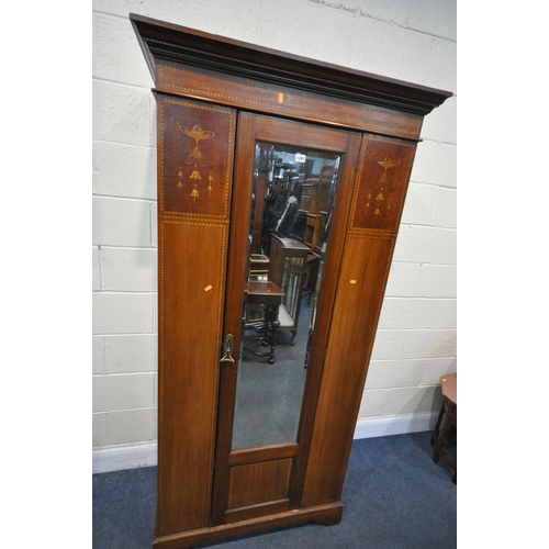 1281 - AN EDWARDIAN MAHOGANY AND MARQUETRY INLAID SINGLE MIRRORED DOOR WARDROBE, with overhanging cornice, ... 