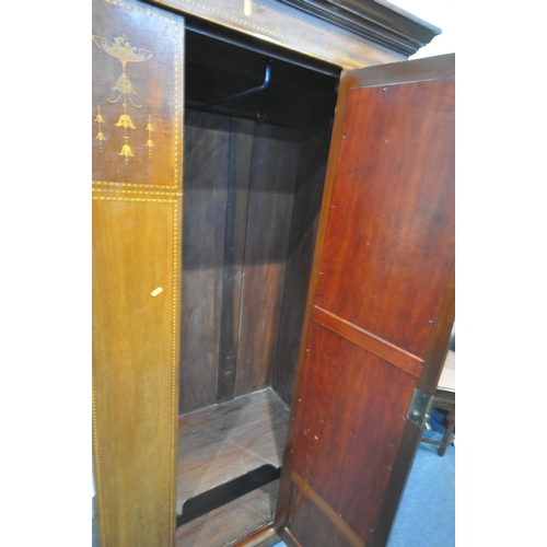 1281 - AN EDWARDIAN MAHOGANY AND MARQUETRY INLAID SINGLE MIRRORED DOOR WARDROBE, with overhanging cornice, ... 