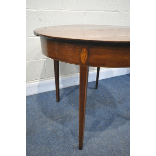 1282 - A GEORGIAN MAHOGANY AND CROSS BANDED FOLD OVER TEA TABLE, shell inlay to frieze, on square tapered l... 