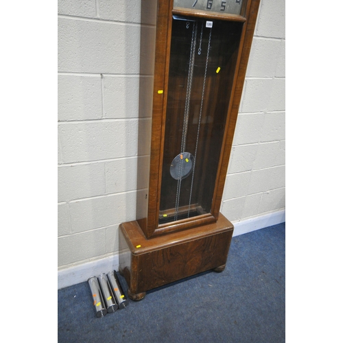 1285 - AN ART DECO FRENCH WALNUT CHIMING LONGCASE  CLOCK, with a silvered dial, signed Vedette, height 196c... 