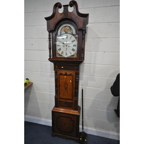 1286 - A GEORGIAN AND LATER OAK AND MAHOGANY EIGHT DAY LONGCASE CLOCK, the hood with a swan neck pediment a... 