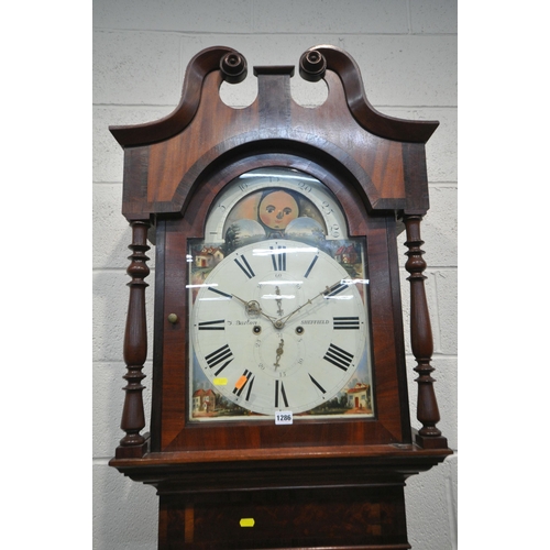 1286 - A GEORGIAN AND LATER OAK AND MAHOGANY EIGHT DAY LONGCASE CLOCK, the hood with a swan neck pediment a... 