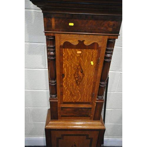 1286 - A GEORGIAN AND LATER OAK AND MAHOGANY EIGHT DAY LONGCASE CLOCK, the hood with a swan neck pediment a... 