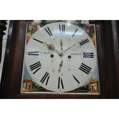 1286 - A GEORGIAN AND LATER OAK AND MAHOGANY EIGHT DAY LONGCASE CLOCK, the hood with a swan neck pediment a... 