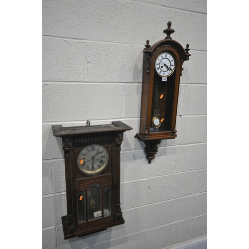 1287 - A LATE 19TH CENTURY WALNUT WALL CLOCK, with finials to case, brass and enamel dial, with roman numer... 