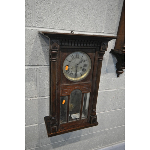 1287 - A LATE 19TH CENTURY WALNUT WALL CLOCK, with finials to case, brass and enamel dial, with roman numer... 